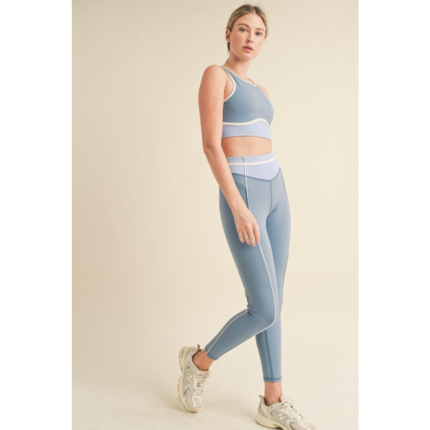 Blue Contrast Trim 2 Piece Workout Set High Waist Leggings Sleeveless Sports Bra Yoga Outfit for Women